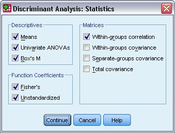 مربع حوار الإحصائيات - التحليل التمييزي