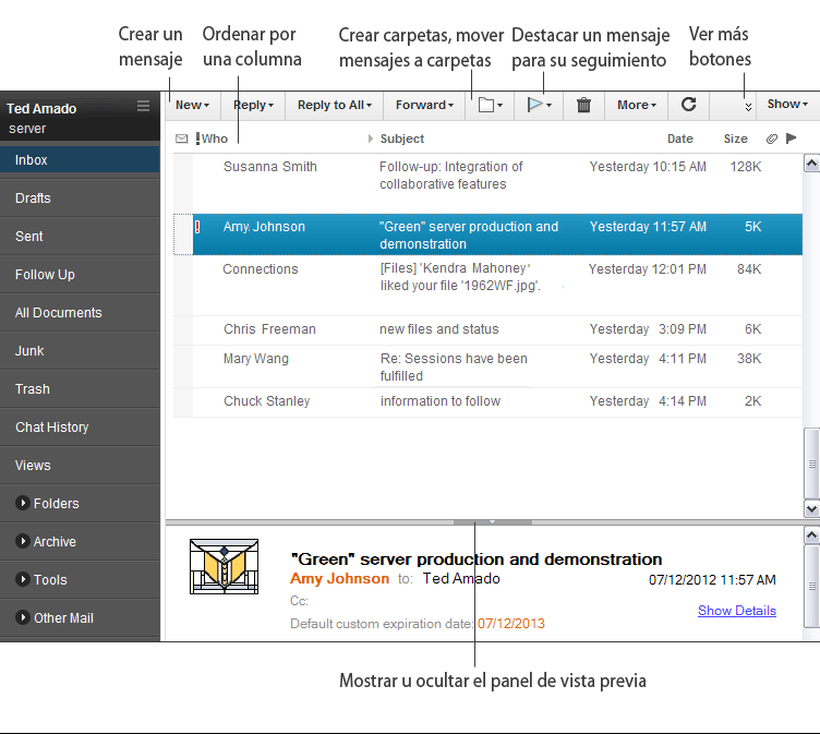Imagen de pantalla del producto con las distintas áreas resaltadas