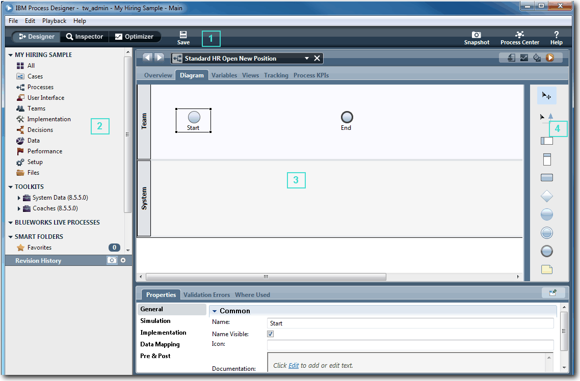Cette image représente l'interface initiale de l'éditeur de bureau de Process Designer lors de la création d'une définition de processus métier. Des descriptions sont fournies dans le tableau qui suit l'image.