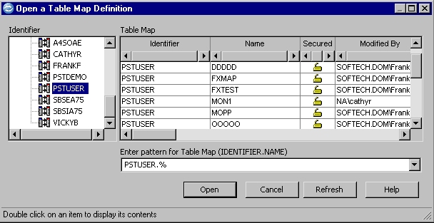 Example of the table map open dialog, described as follows.
