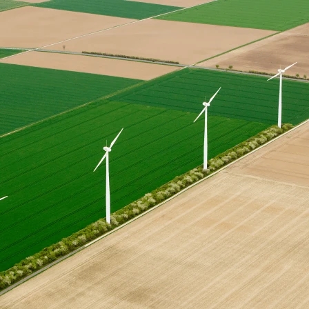 An aerial view shows power-generating windmill turbines in a wind farm