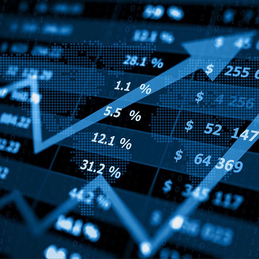 Spreadsheet with percentages and dollar amounts overlaid with arrows going up