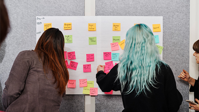 Two people placing sticky notes on a whiteboard