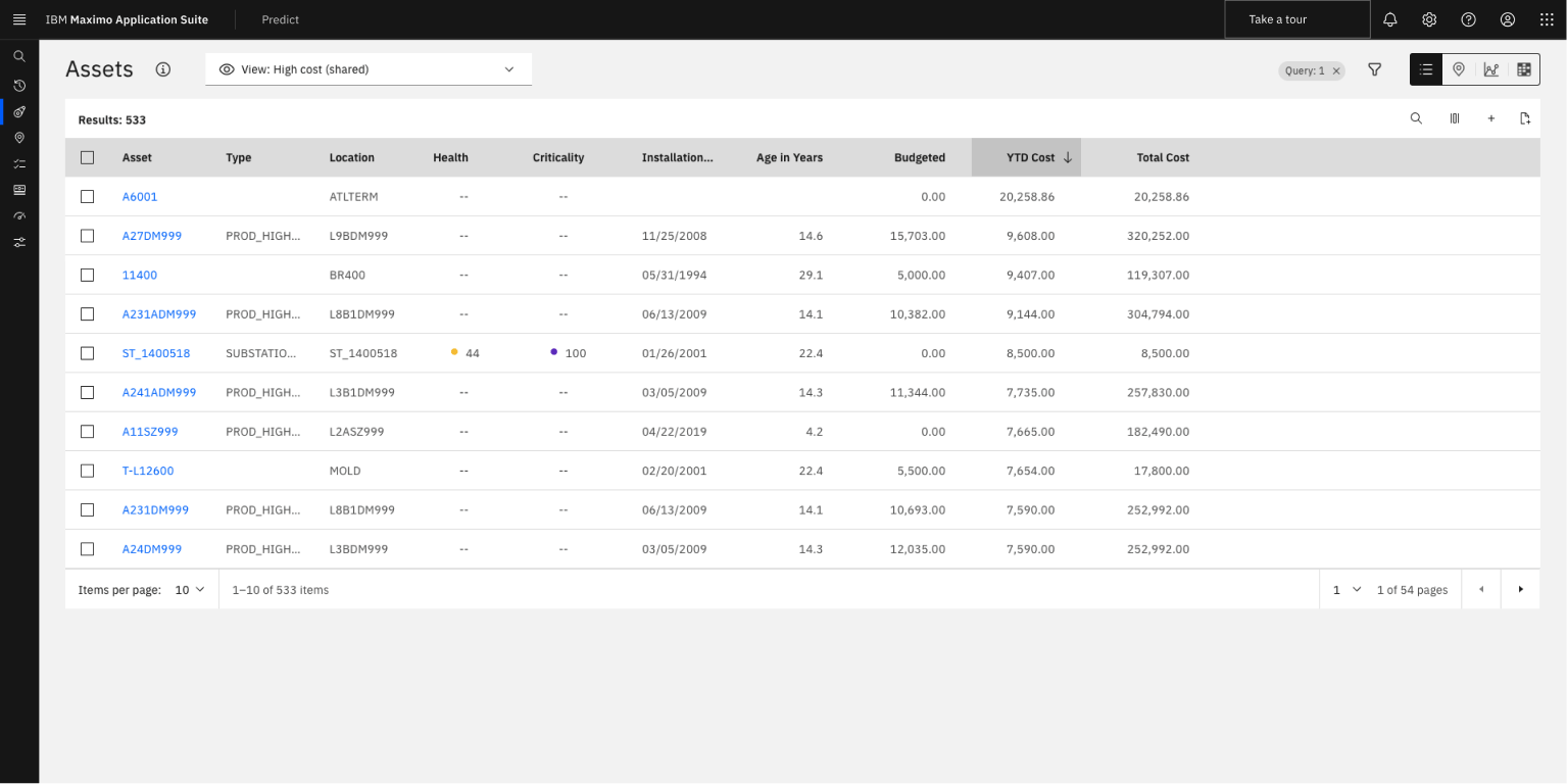 Screen capture showing Maximo asset listing with maintenance history for all