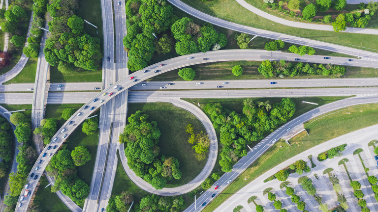 A high angle view of a highway and a highway bridge