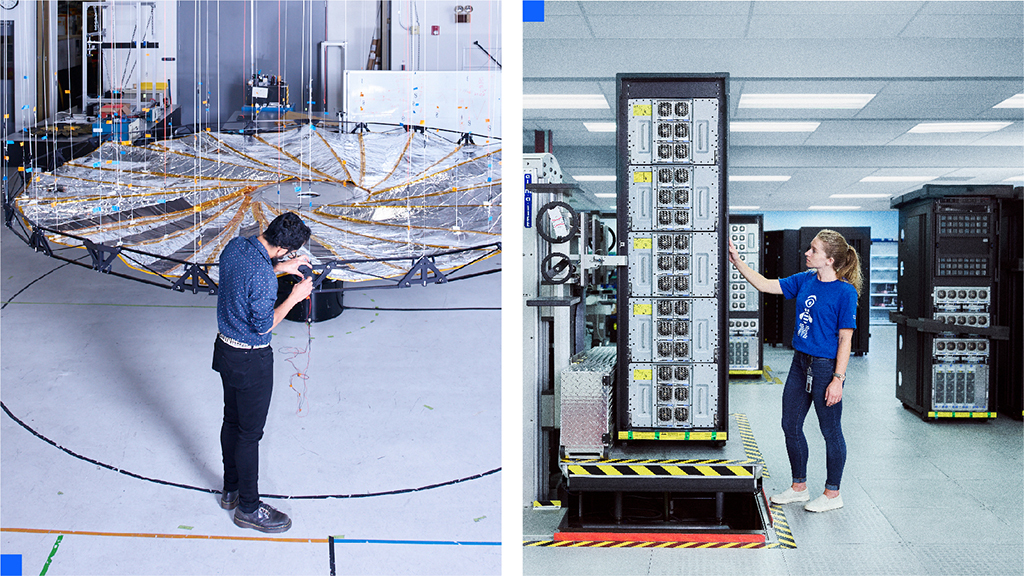 on the right, An engineer working on a machine, and on the left, an employee wearing an IBM shirt inspecting an IBM Z unit.