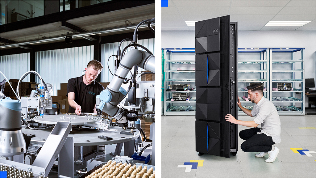 on the right, Engineer working with large machinery, and on the left, a man inspecting an IBM zSystems unit.