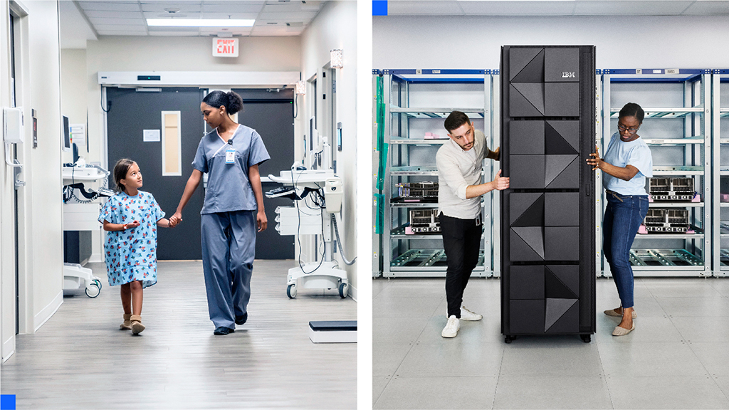 on the right, A nurse walking down a hospital hallway while holding the hand of a child patient, and on the left, two people moving an IBM Z unit