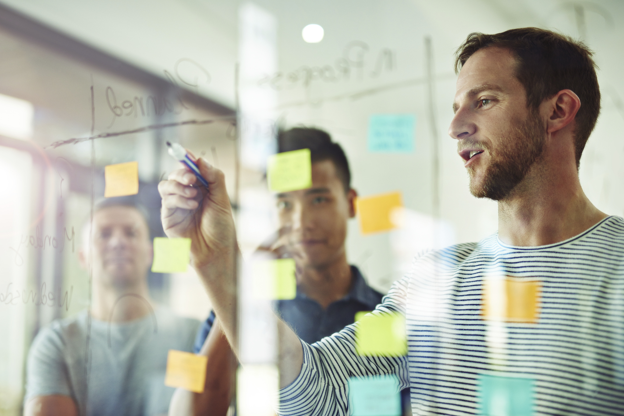 Developers brainstorming at whiteboard