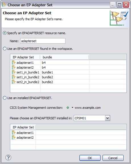 An image of the choose an EP adapter set resource dialog