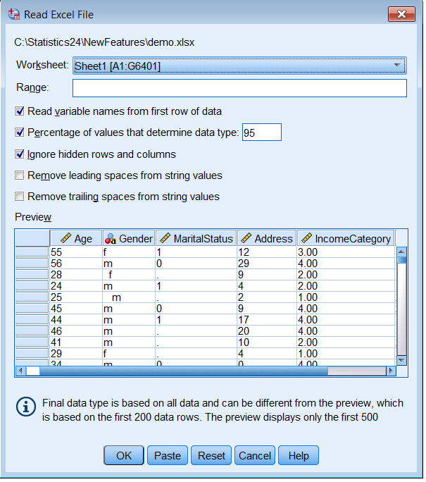 مربع الحوار قراءة ملف Excel يعرض معاينة لملف البيانات - قراءة ملفات Excel