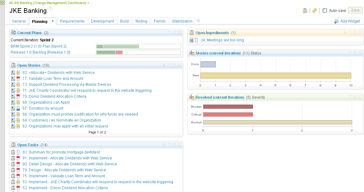 Planning page of Dashboard