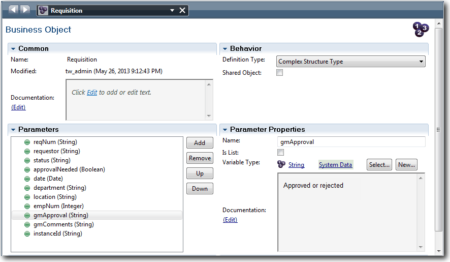 This image shows the Requisition business object window.