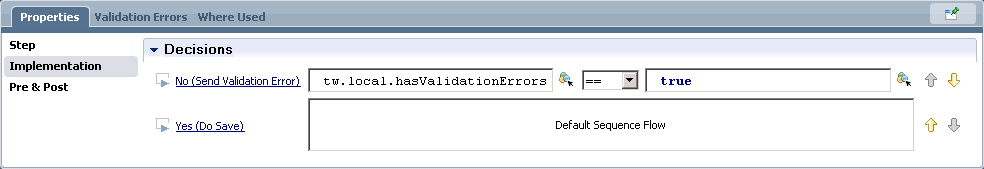 The No branch of the decision with tw.local.hasValidationErrors in the first field, == in the second field, and true in the third field.