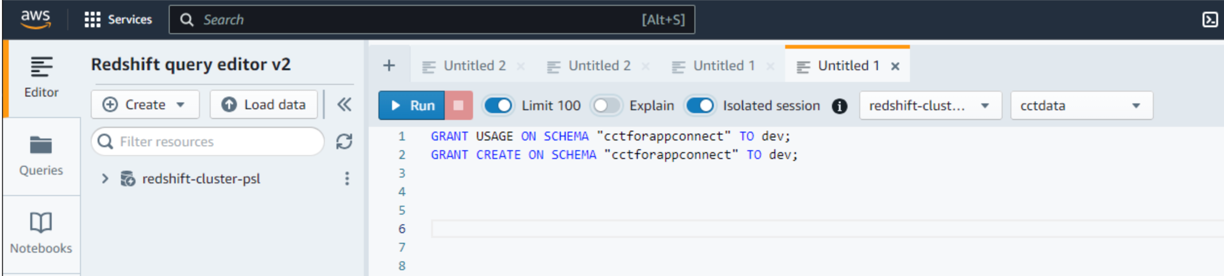 Amazon Redshift UI containing schema Amazon Redshift UI containing schema