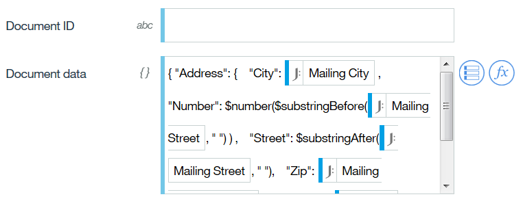Screenshot that shows a JSON definition of your properties. {"Address": { "City": Mailing City, "Number":$number($substringBefore(Mailing Street, " ") ), "Street":$substringAfter(Mailing Street, " "), and so on. Screenshot that shows a JSON definition of your properties. {"Address": { "City": Mailing City, "Number":$number($substringBefore(Mailing Street, " ") ), "Street":$substringAfter(Mailing Street, " "), and so on.