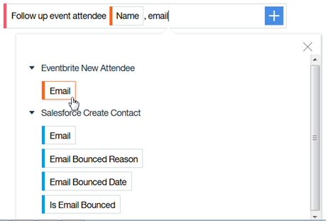 Choice of fields from an Eventbrite event and Salesforce acion Choice of fields from an Eventbrite event and Salesforce acion