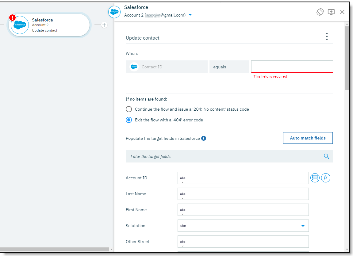 Sample fields for an update action Sample fields for an update action