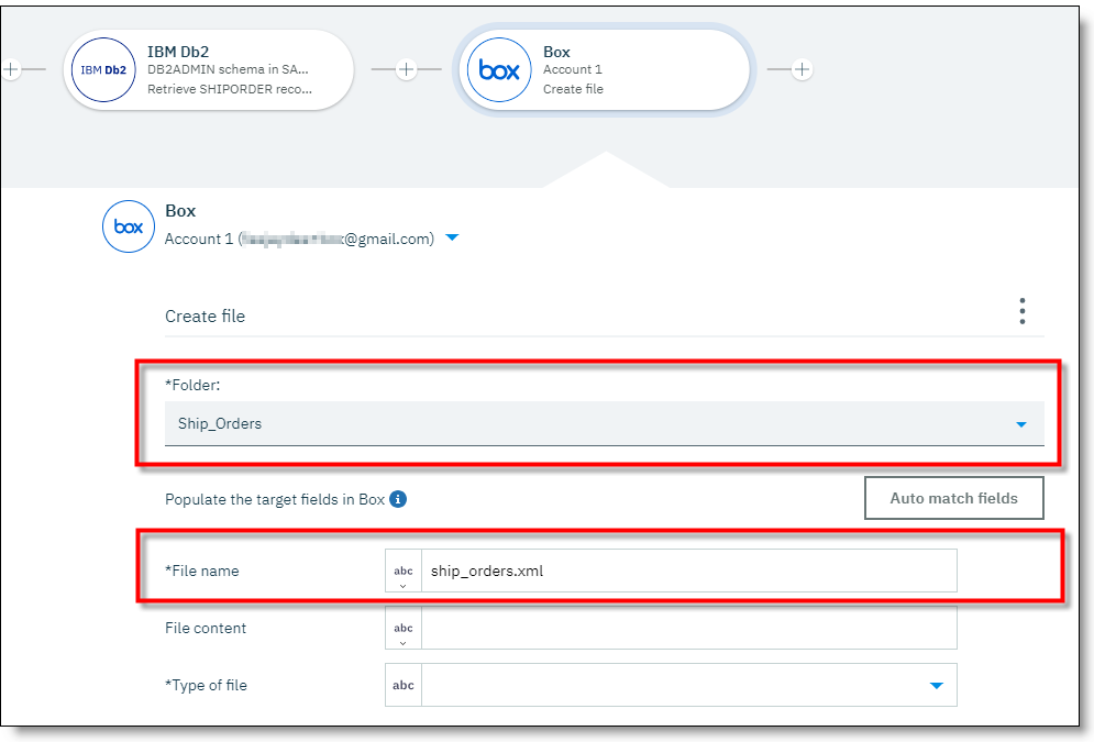 Folder and file name selection in the Box node Folder and file name selection in the Box node