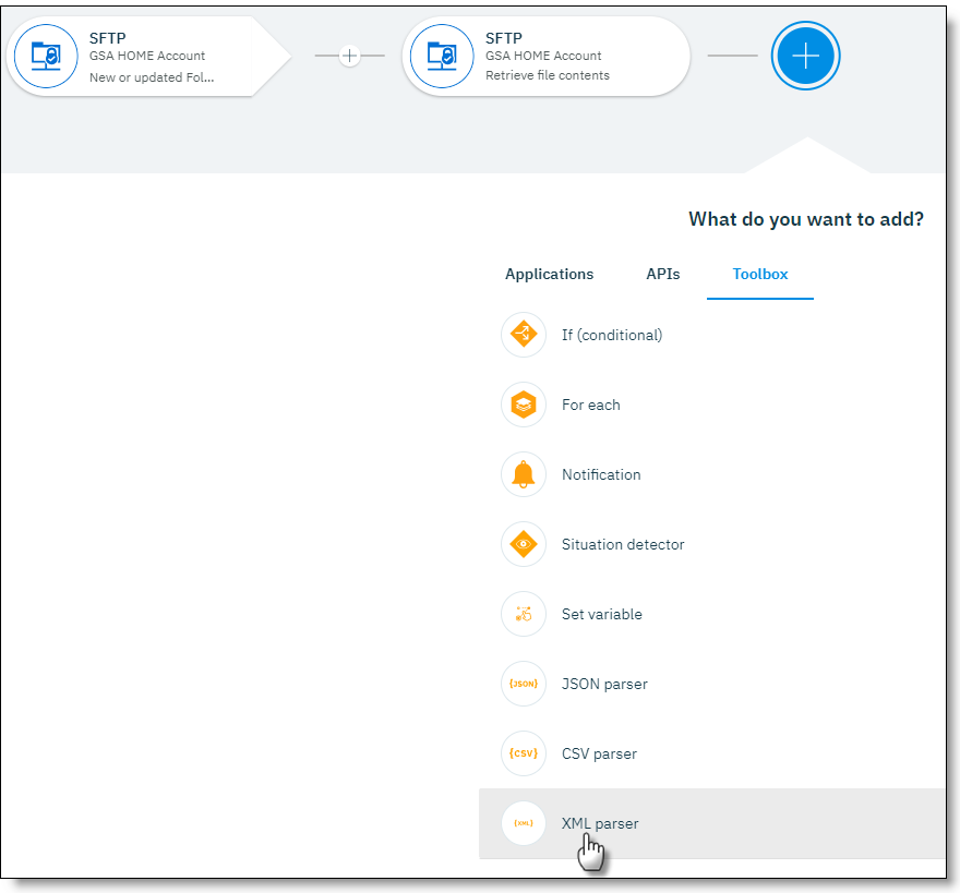 Selecting the XML parser from the Toolbox tab Selecting the XML parser from the Toolbox tab