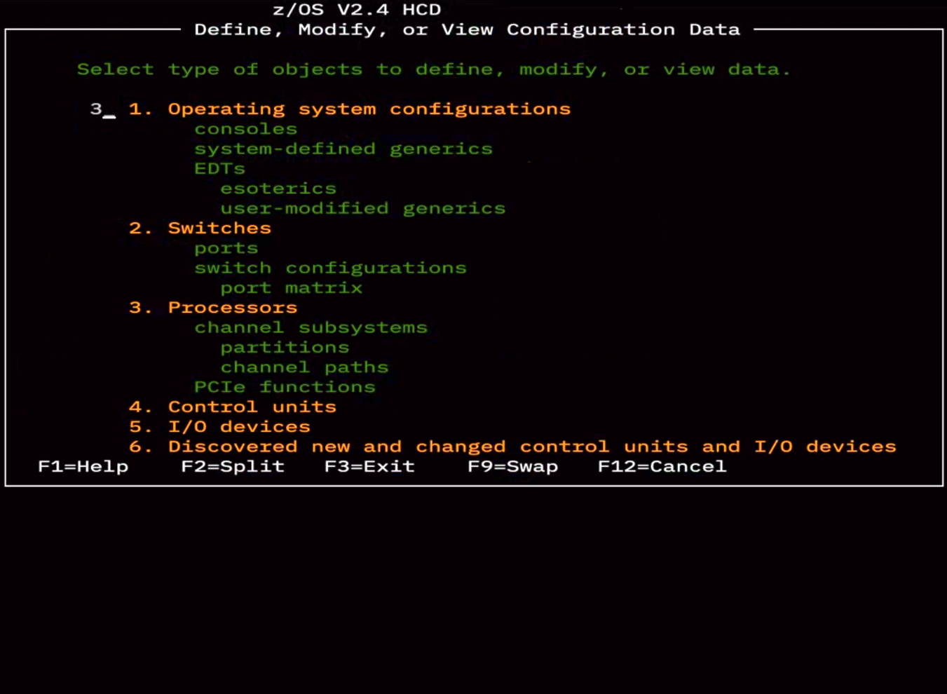 "define modify or view configuration data" panel of HCD