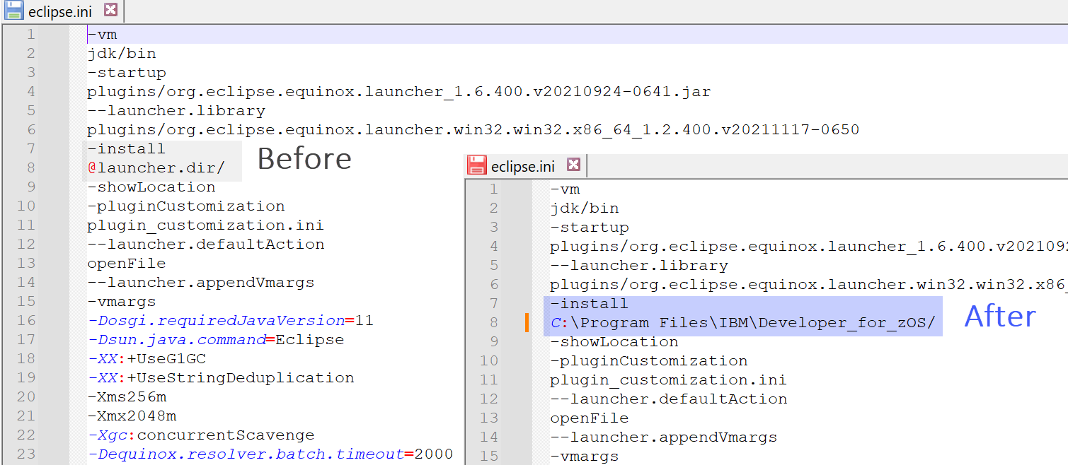 eclipse.ini file with before and after updates