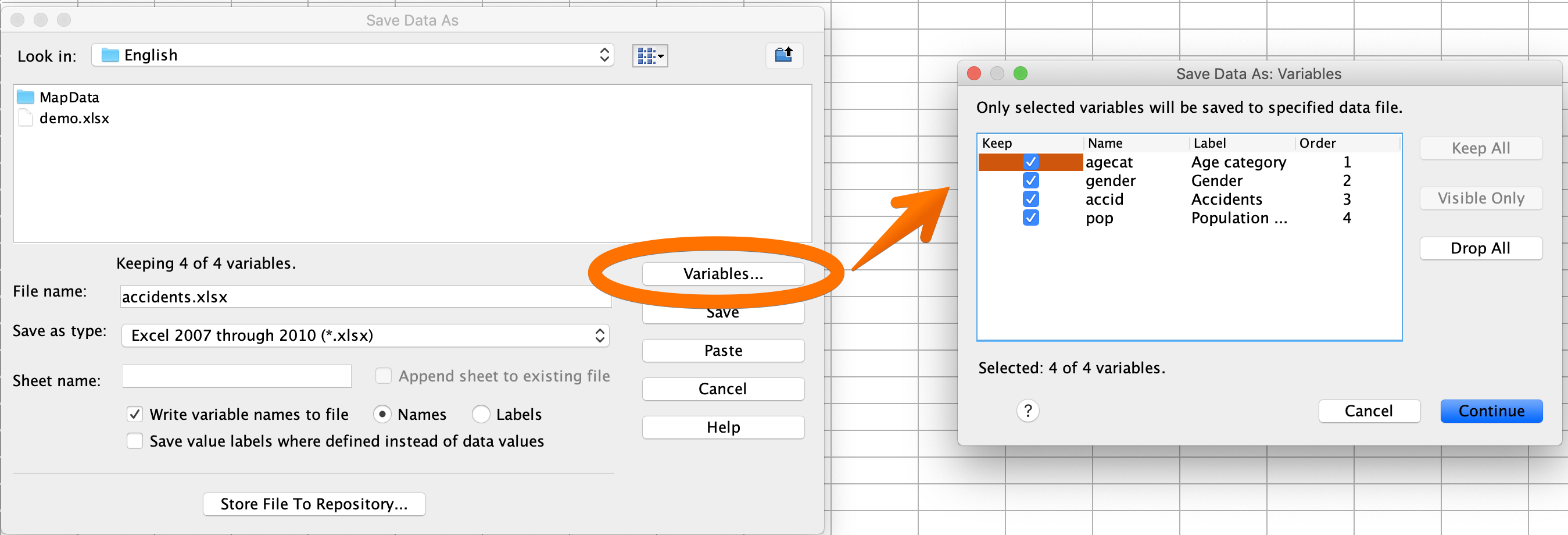 How to export selected variables to excel on IBM SPSS Statistics version 26.