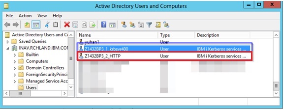 Active Directory Users and Computers showing the user account for the IBM i HTTP service principal.