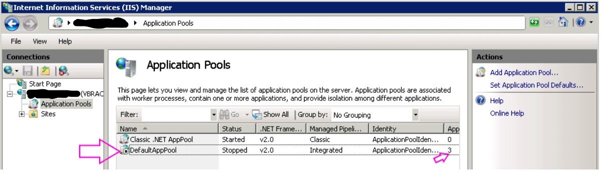 Screenshot of application pool