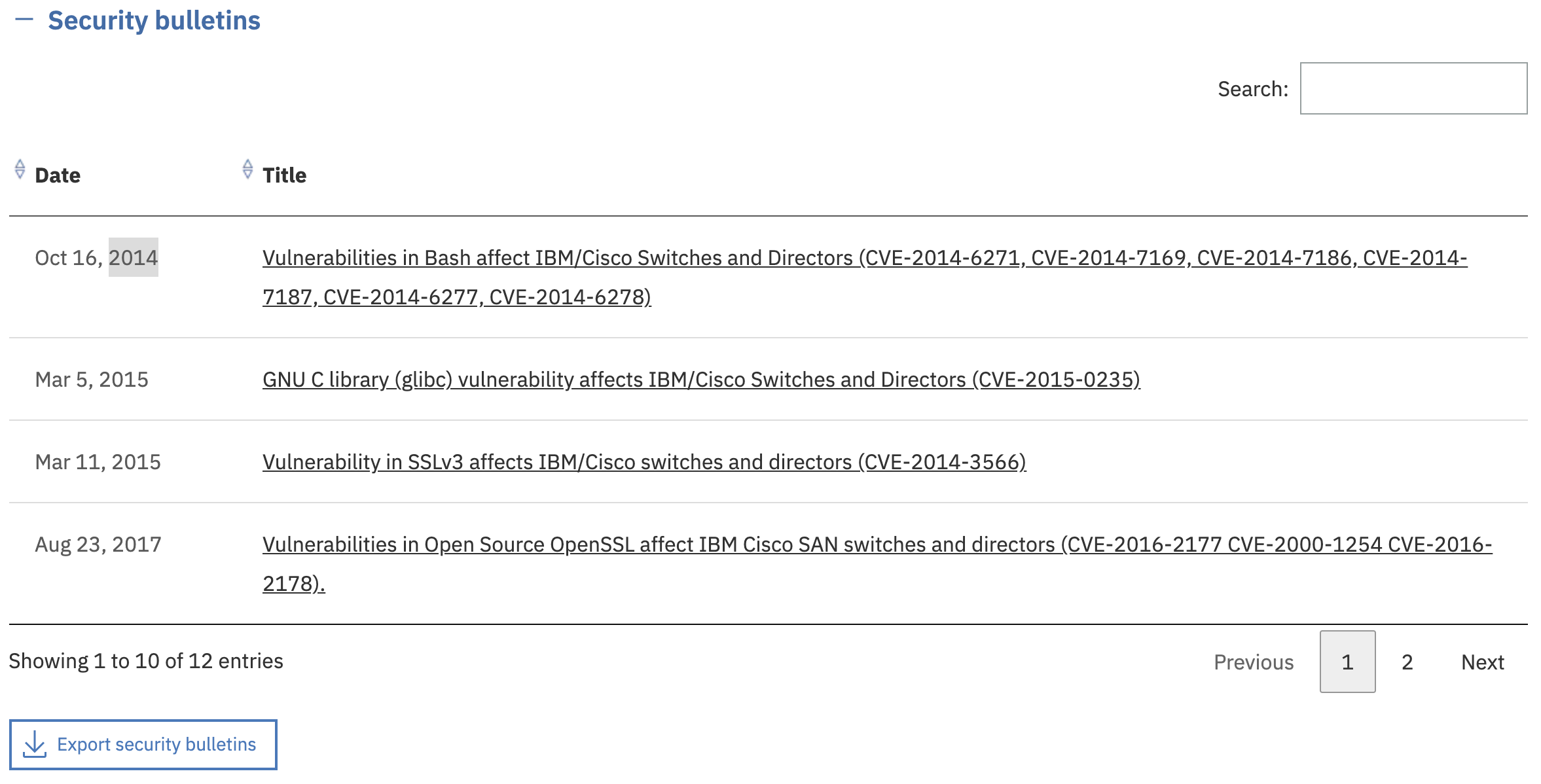 Screen capture of Security Bulletins