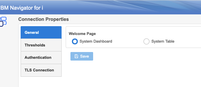 IBM Navigator Connection Properties Dashboard View Selection