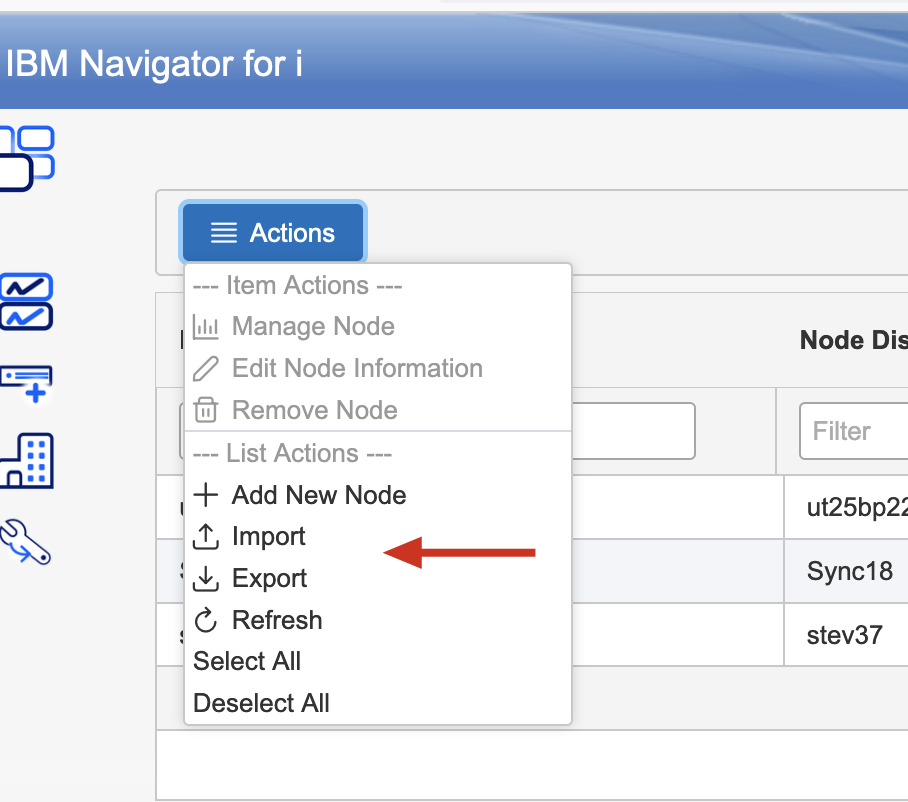 IBM Navigator List Dashboard View Import Export Actions