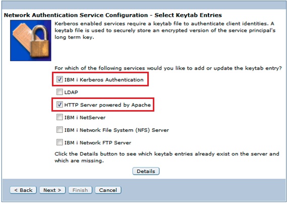 Network Authentication Server Configuration - Select Keytab Entries with IBM i Kerberos Authentication and HTTP Server powered by Apache checked.