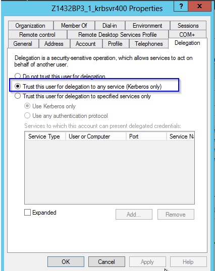 Active Directory HTTP user account delegation properties showing "Trust this user for delegation to any service" selected.