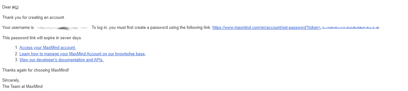 Maxmind Welcome Email