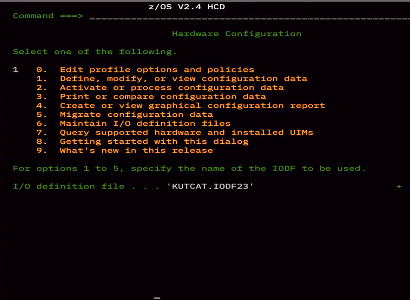 The z/OS TN3270 window showing the Hardware Configuration Primary Task Selection panel