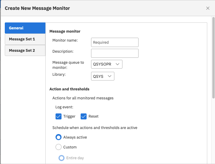 Create new message monitor General tab