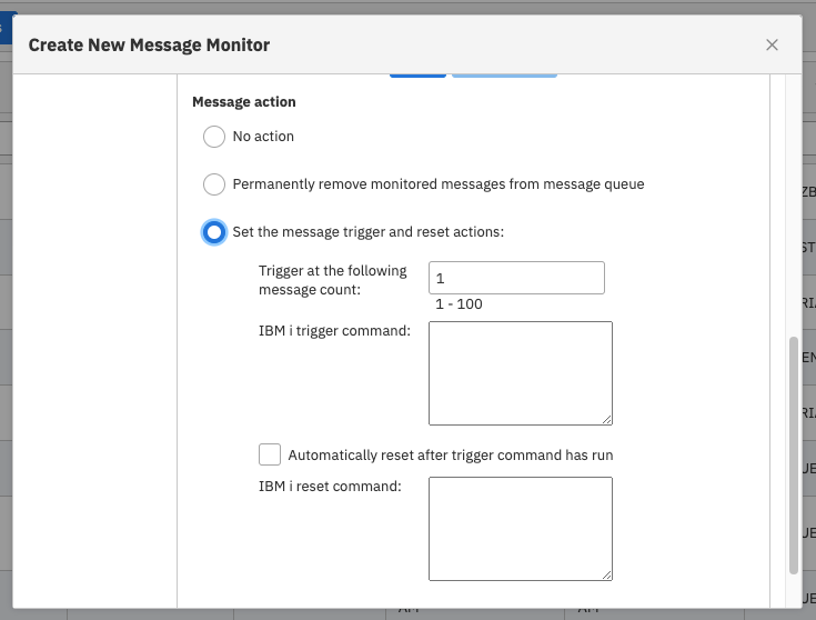 Message Set 1 > Set the message trigger and reset actions