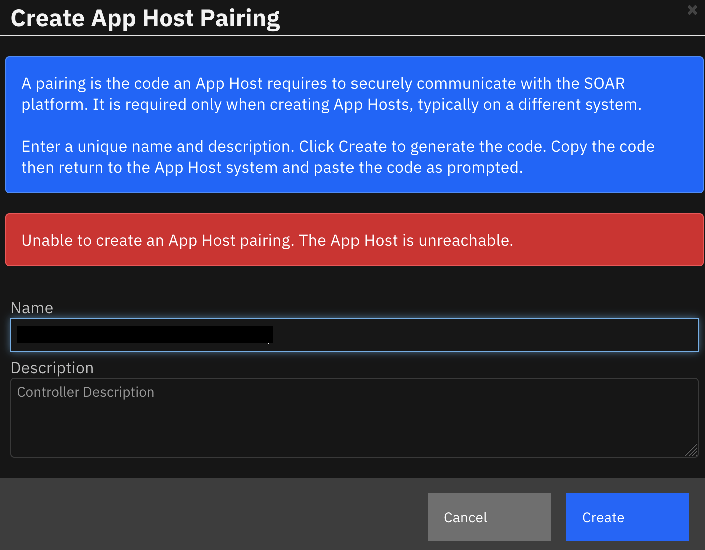 screenshot of "Unable to create an App Host pairing. The App Host is unreachable."