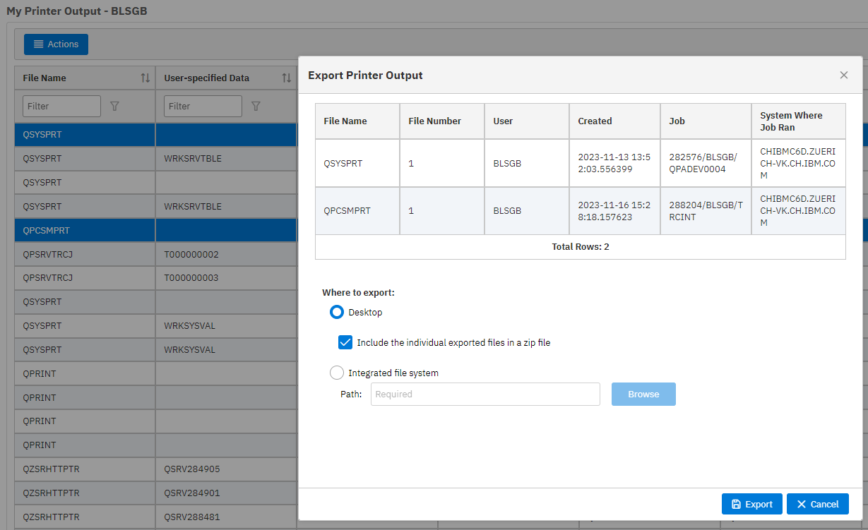 selecting files for export