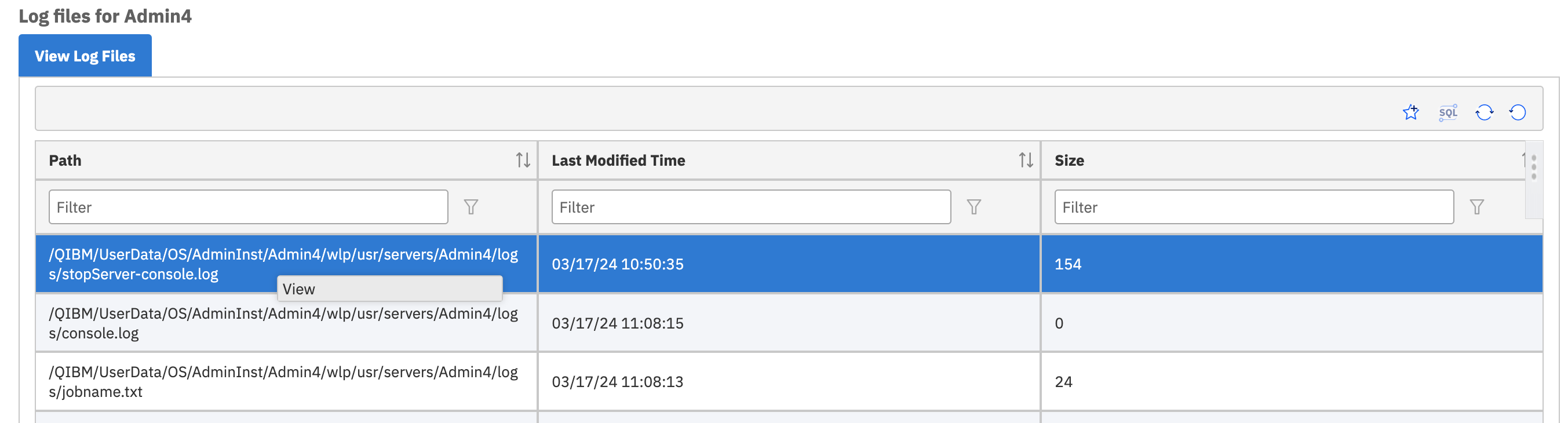 Screenshot of the View Log files dialog with a log file right clicked, showing the "View" option