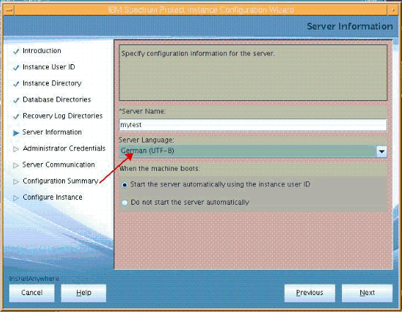 The image shows how to verify the language of the server.
