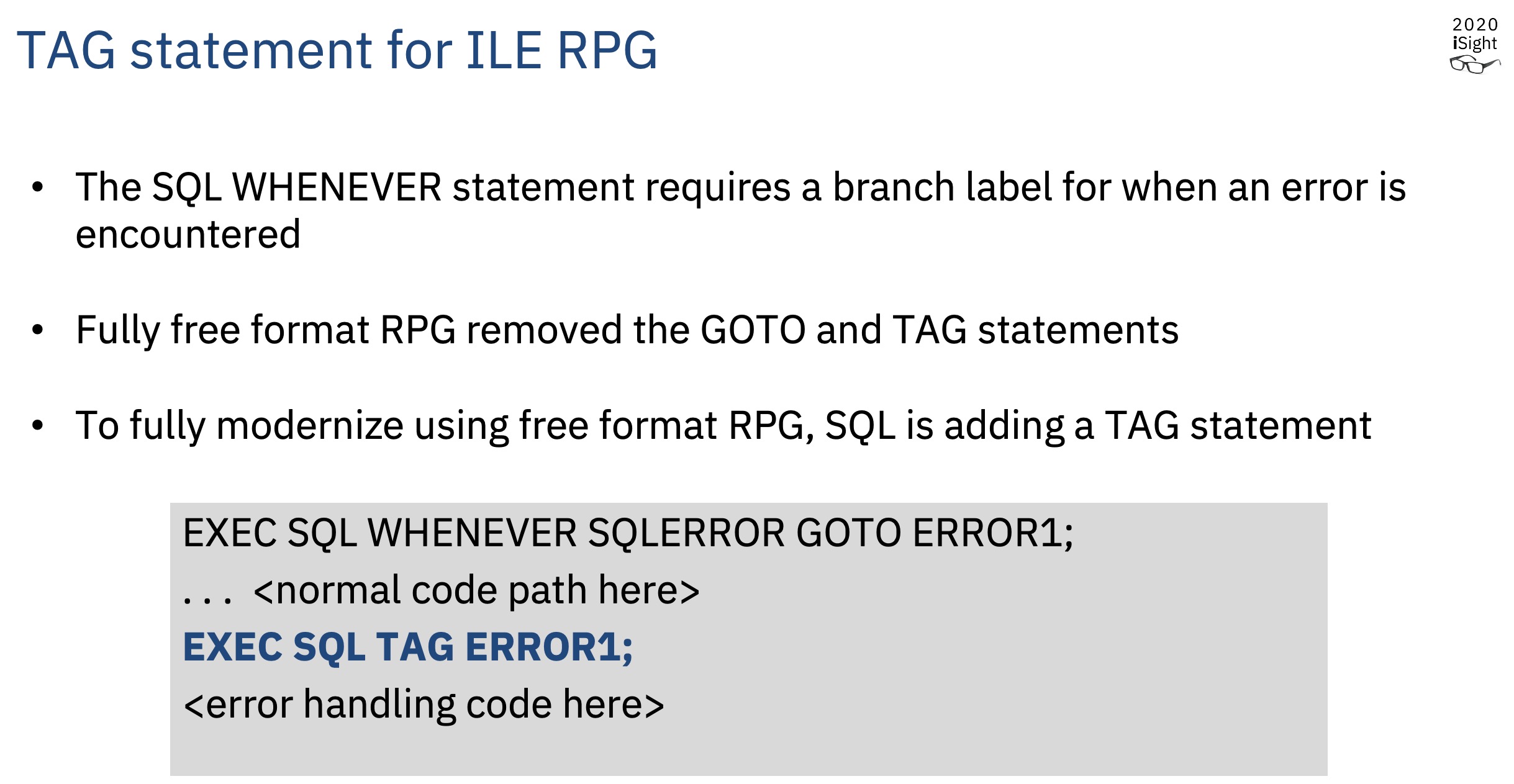 TAG statement in RPG Embedded SQL