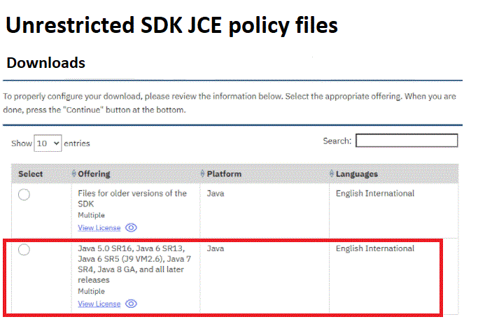 Unrestricted SDK JCE policy files
