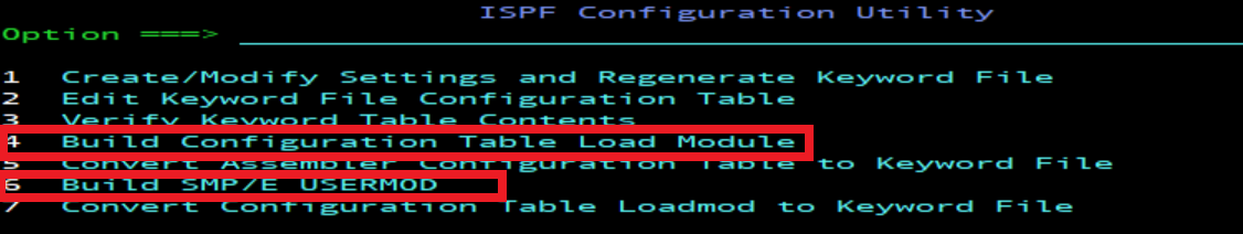 Configuration tables options for creating a load module