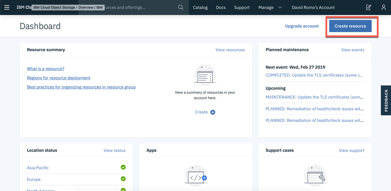 Creating an object storage resource from the dashboard