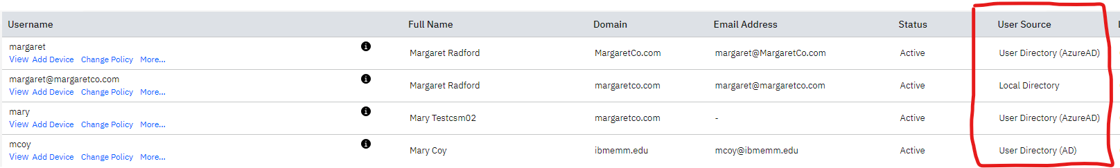 Example of User Source in MaaS360 User Directory