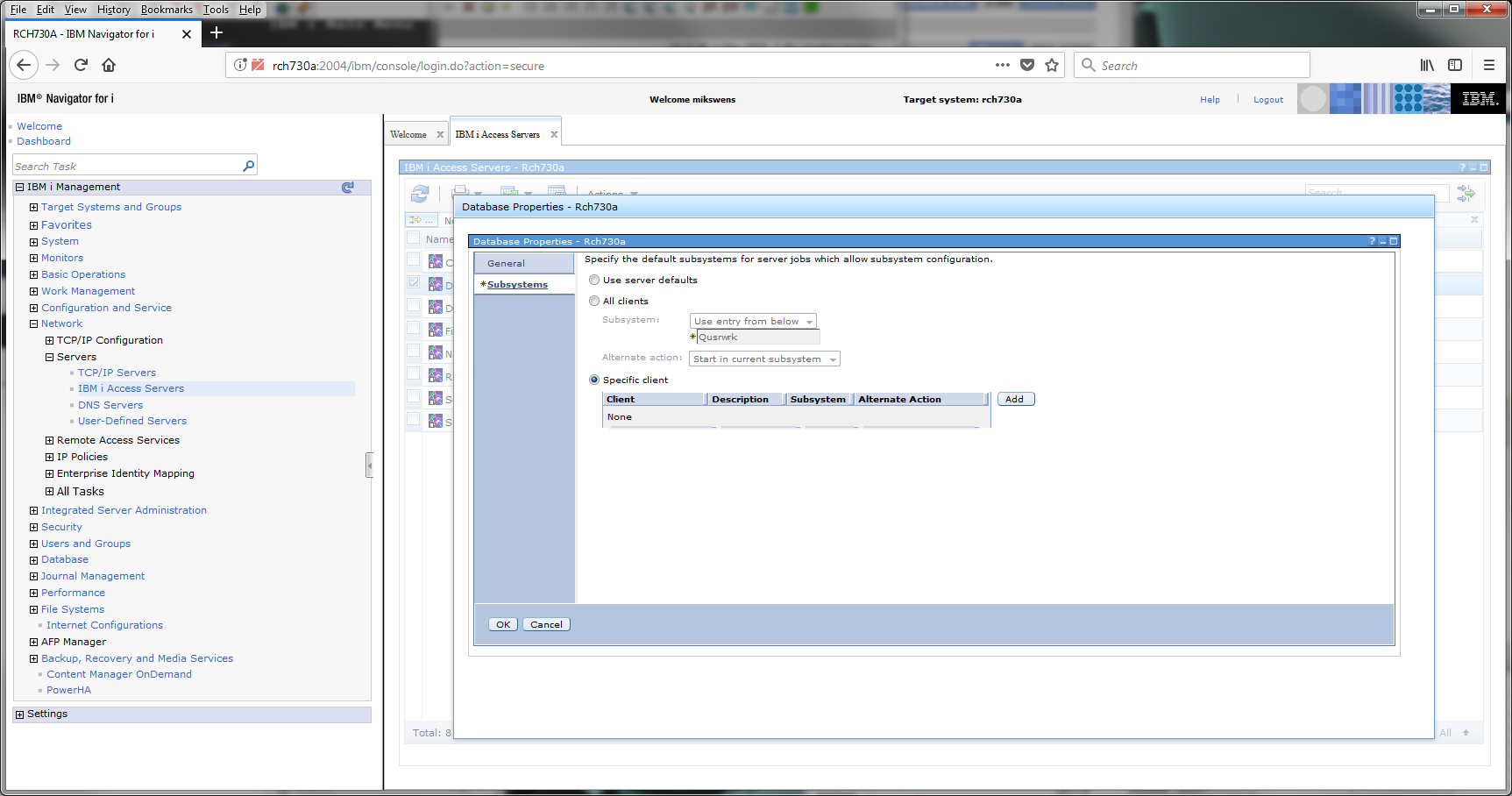 System i Navigator database host server properties