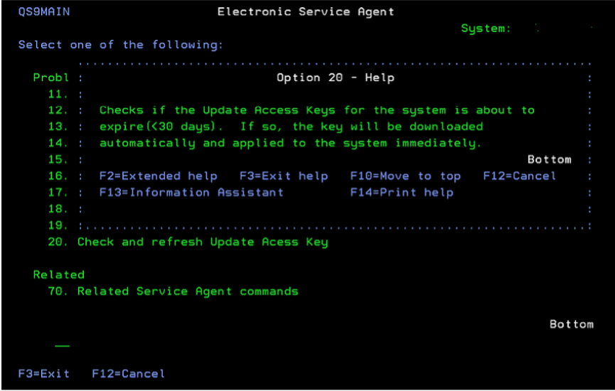 Help information on Electronic Service Agent on IBM i main menu option 20