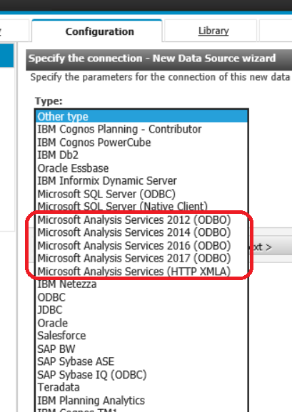 Cognos Analytics : Microsoft SSAS 2019 not in available drop down